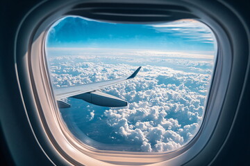Fototapeta premium Airplane window view of clouds and blue sky from airplane window.