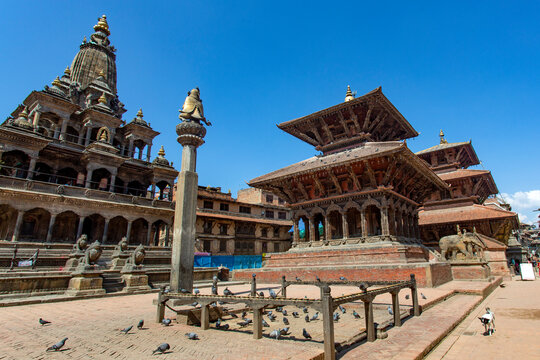 Scenery of Patan Durbar Square at Kathmandu, Nepal.  Kathmandu ancient temples and shrines Patan Durbar Square panorama Nepal
