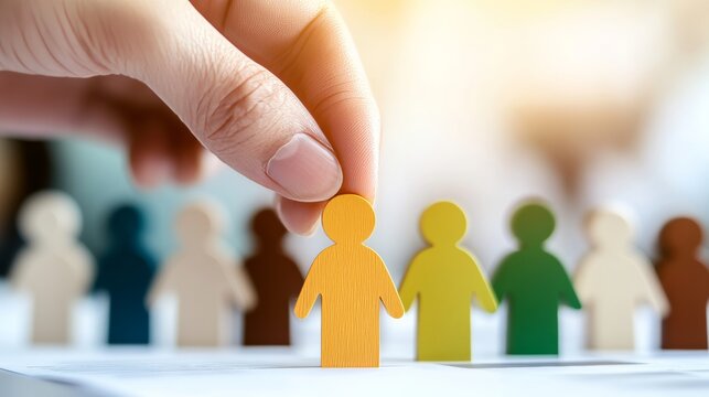 Choosing the Right Fit: A hand carefully selects a vibrant yellow figure from a diverse row of wooden human cutouts.