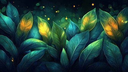 Fototapeta premium EnchantedForestGlowDarkGreenLeavesNatureArt