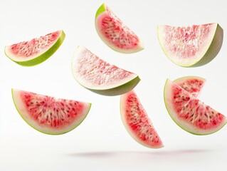 Falling identical guava slices floating in the air isolated on white background