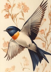 A blue and orange bird with a white belly flies through a flowery background