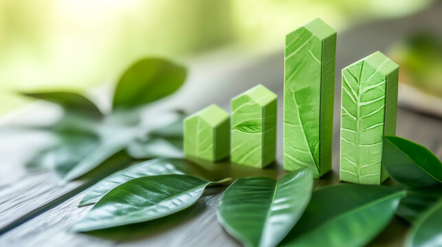 Creative eco-friendly financial growth concept with green leaves and bar graphs made of natural materials, symbolizing sustainable business and environmental responsibility. - Powered by Adobe