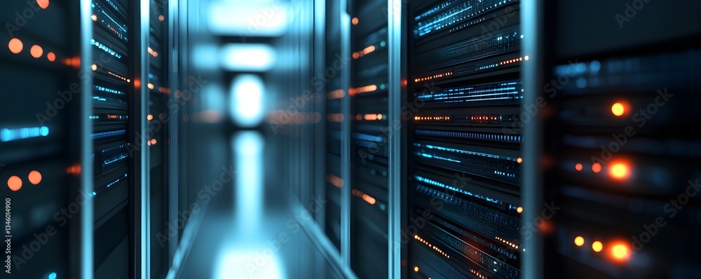 Poster Server room data center blinking lights flashing processing information technology