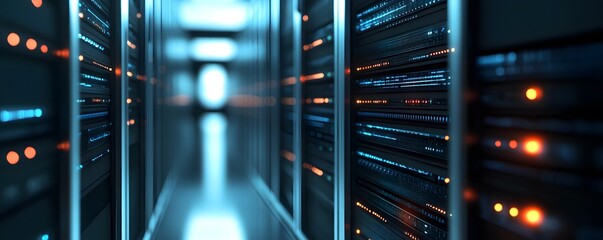 Server room data center blinking lights flashing processing information technology