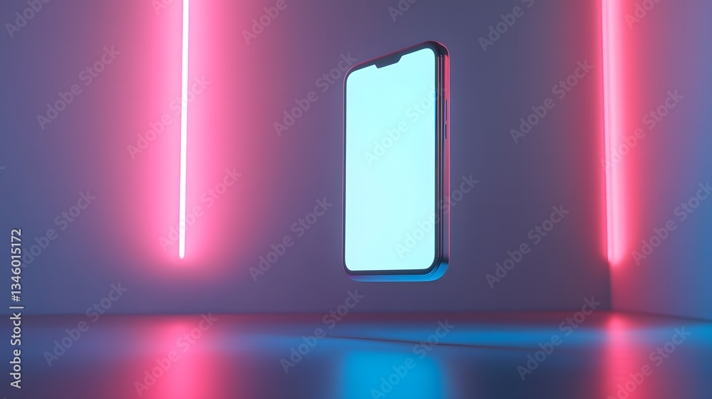 Poster smartphone floating in neon-lit room with blank screen