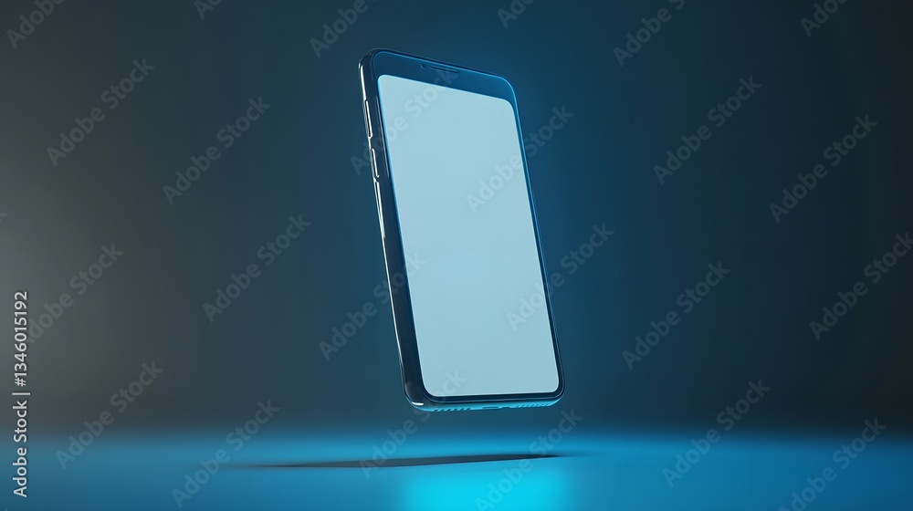Aufkleber modern smartphone floating with blank screen in neon blue light: futuristic mobile technology concep