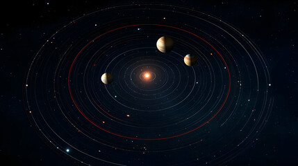Naklejka premium Planets In Orbit Around Star In Dark Space