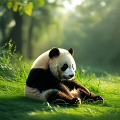 Fototapeta premium giant panda bear sitting in a grass 