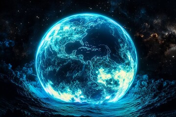 Vivid ocean waves illuminated by a bright azure celestial body at night