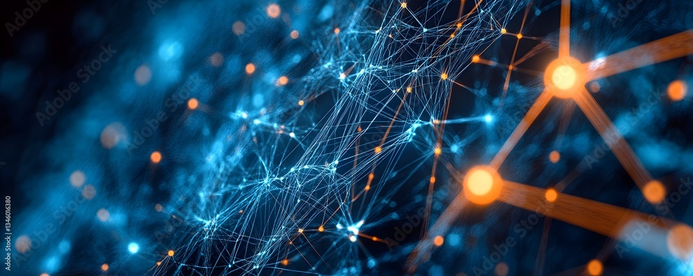 Poster Plexus abstract network is connecting orange and blue dots with lines