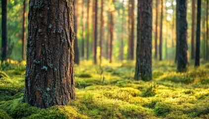 Sunlight filters through pine forest