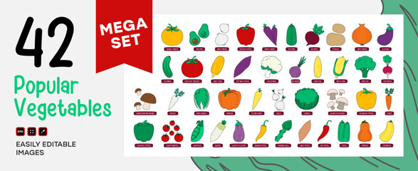 Mega set of fresh vegetables in flat style. Organic food, farm products, healthy food. Vector illustration.