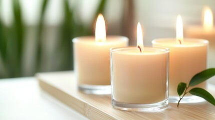 Spa wellness healing hydrotherapy journey. Serene candles lit on a wooden tray with soft greenery background.