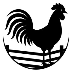 A rooster standing on a fence at sunrise silhouette vector illustration