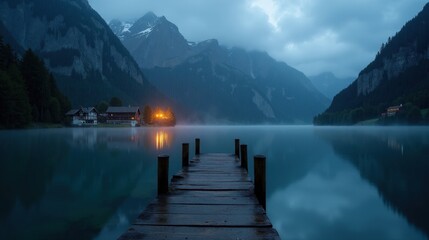 Lake Bachalpsee in Switzerland at night with rain, captured from an ordinary perspective. Raindrops shimmer in faint light, as mist rises from the dark, tranquil lake.
