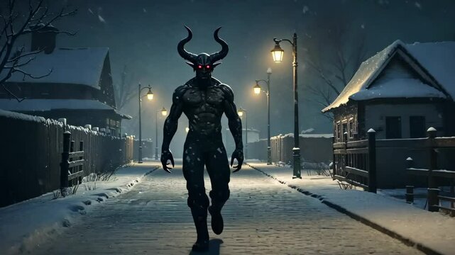 A horned figure walks down a snowy street lit by street lamps in a winter night setting scene