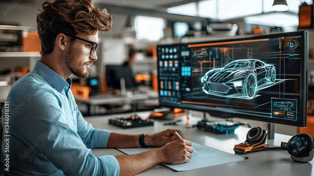 Fototapete focused designer is sketching modern car concept while working computer contemporary workspace. envi