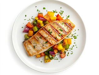 Grilled salmon steak with mixed vegetables on a white plate, top view, isolated on a transparent background