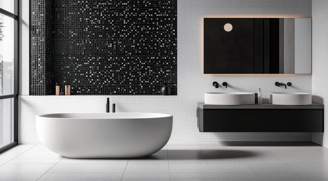 3D rendering of a modern bathroom with white tiles and a black mosaic wall
