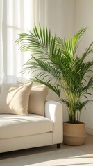 A tranquil indoor setting showcases a comfortable white sofa adorned with soft beige pillows, alongside a vibrant potted palm. Sunlight fills the room, enhancing the peaceful atmosphere