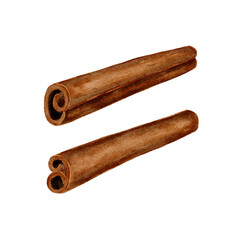 Watercolor illustration of two cinnamon sticks with detailed texture. Warm brown shades. For packaging spices, culinary, aroma. Suitable for printing on menus, packaging, for social networks