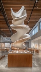 A large, swirling paper sculpture dominates a museum's contemporary exhibit space. The artwork's layered design creates a visually stunning centerpiece.