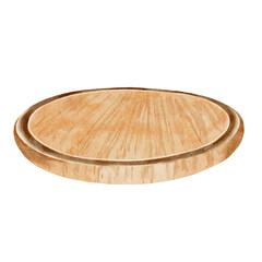 Watercolor illustration of a round wooden cutting board. The image is associated with kitchen, cooking, natural materials. Suitable for printing on menus, postcards, for social networks