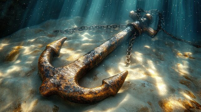 Rusty anchor submerged in sandy seabed, sunlight beams through water