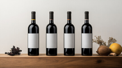Naklejka premium Cuatro botellas de vino tinto con etiquetas en blanco sobre superficie de madera con fondo claro y elementos decorativos