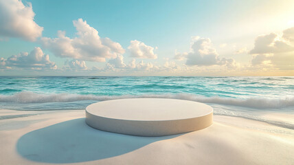 beach display with sandy platform and sea background for summer promotions