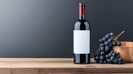 Botella de vino tinto con etiqueta en blanco junto a racimo de uvas negras y cuenco de madera sobre mesa rústica con fondo oscuro © BONI