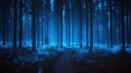 Fototapeta premium A path through the mystical forest illuminated by blue glowing light