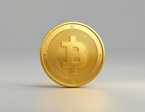 Bitcoin Gold Coin Standing on Neutral Background Close Up View