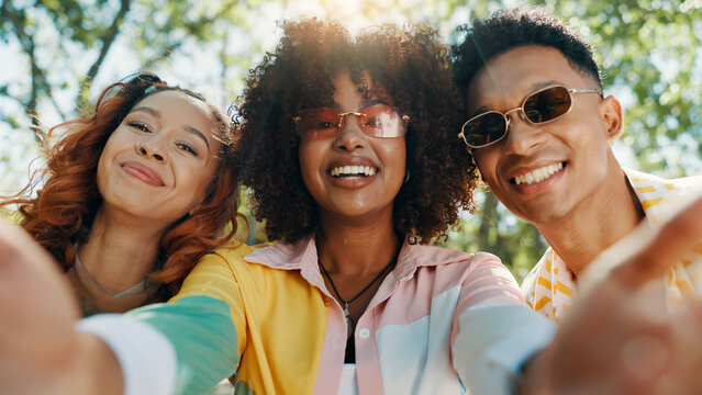 Holiday, happy people and friends in park for selfie together for fashion, bonding or reunion. Gen z, social media influencer or men with women in outdoor nature for picture POV, vacation or hangout