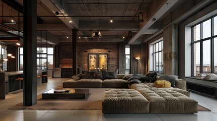 Spacious Industrial Loft Apartment with Exposed Brick and Modern Sofa