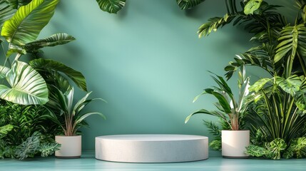 A serene space adorned with vibrant green plants flanking a sleek circular podium