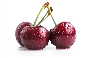 Cherries with water drops on a white background