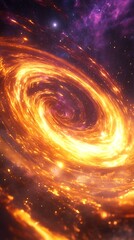 A fiery cosmic swirl, a celestial dance of incandescent energy and swirling nebulae, with vibrant orange and purple hues.