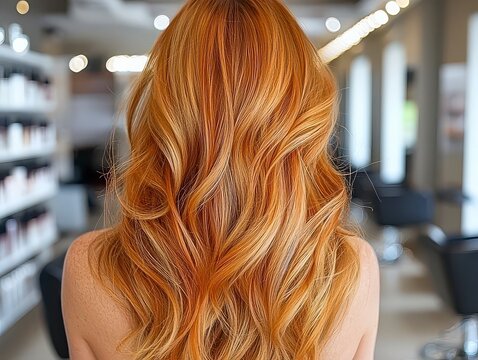 Experience the ultimate hair transformation with this stunning image of a Woman in a salon chair with fresh glossy balayage, natural light ambiance See how expertly applied highlights and a luxurious