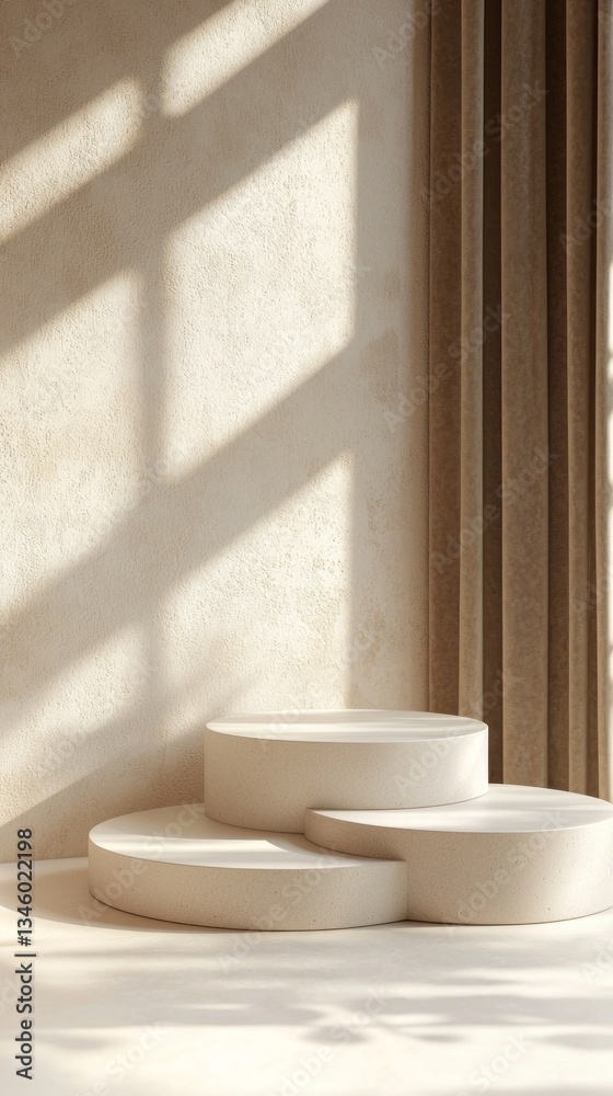 Poster soft natural light filters through curtains, casting intricate shadows on smooth circular pedestals.