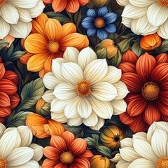 Dahlias flowers plants floral blooming botanical seamless pattern ornament design, tile