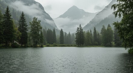 Serene Rain over Mountain Lake: A Misty Alpine Landscape in the Rain
