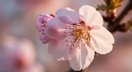 Close-up of Delicate Pink Cherry Blossom in Soft Sunlight, Nature's Gentle Beauty
