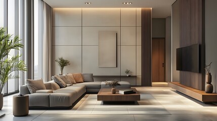 Modern living room interior with beige sofa and wooden furniture displaying elegance and minimalism