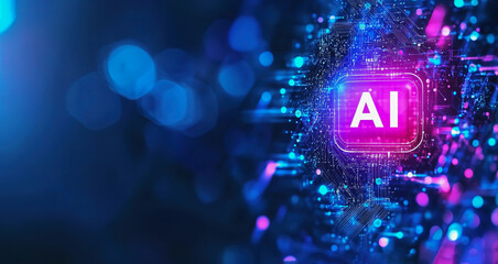 Glowing AI button amidst a blurred neural network background with space for text