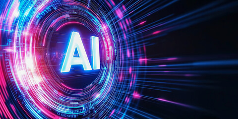 Futuristic AI button with electric light trails and abstract data grid background inviting innovation and creativity in tech