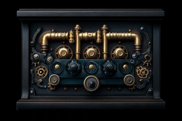A 3D-rendered steampunk engine with brass pipes, gears, and steam vents, creating a vintage industrial aesthetic