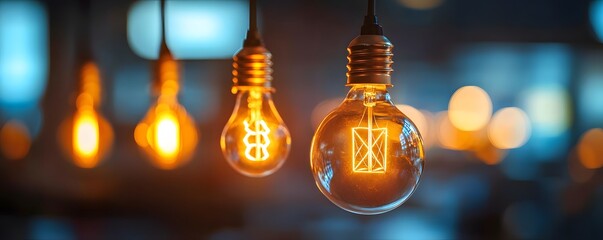 Hanging light bulbs shining warm light in a blurred background