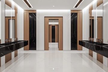 A public restroom, with white walls and black marble countertops, wooden doors on the right side of each mirror, white floor tiles, a large space, high-resolution photography, 
